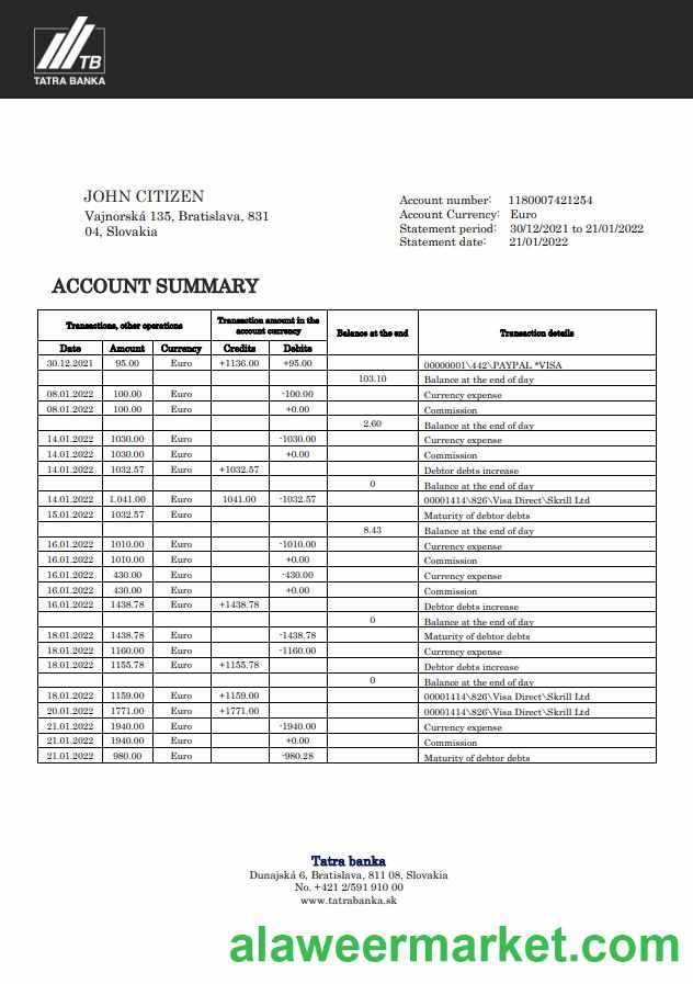 Slovakia Tatra bank statement